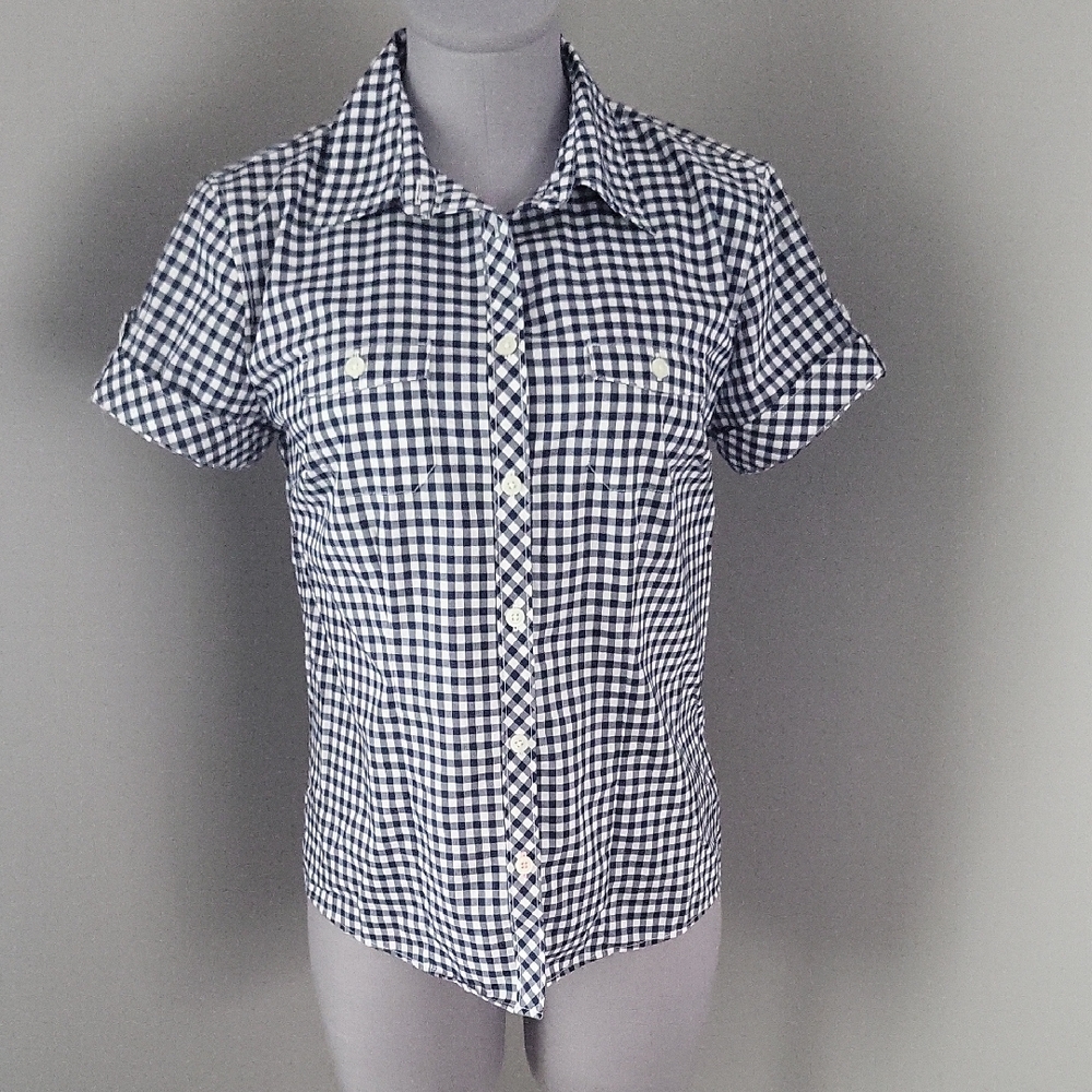 L.L. Bean Navy & White Gingham Short Sleeve Shirt - Pink Accents - Size M